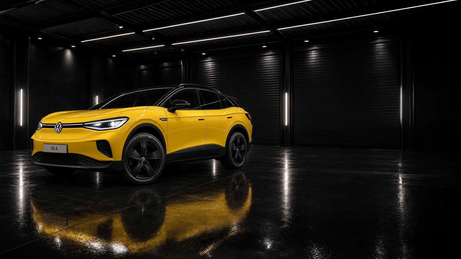 Premium yellow SUV in a cinematic dark studio